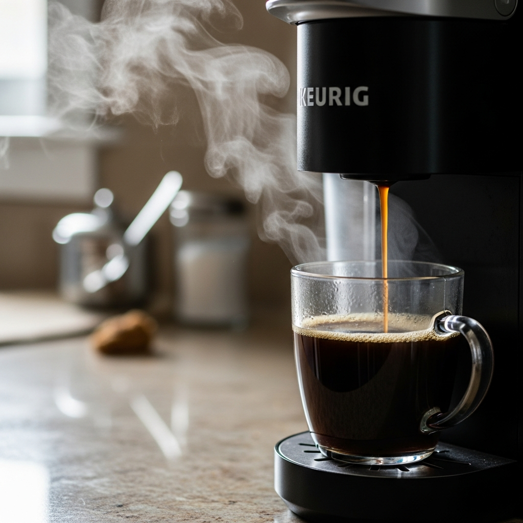Dark roast coffee brewing in a Keurig machine with steam rising from the mug below