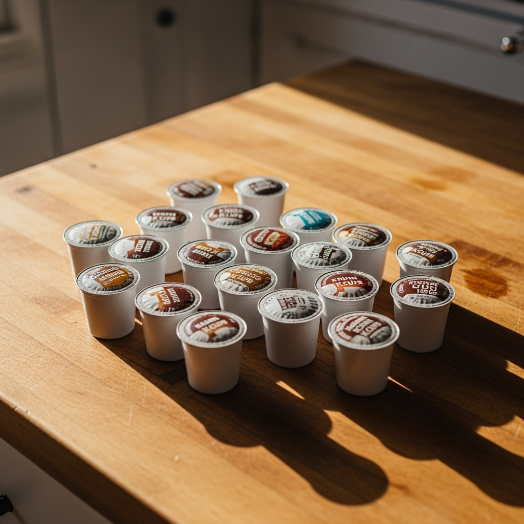 flat lay of assorted keurig k cup coffee pods spread on a ru 20260303 055904