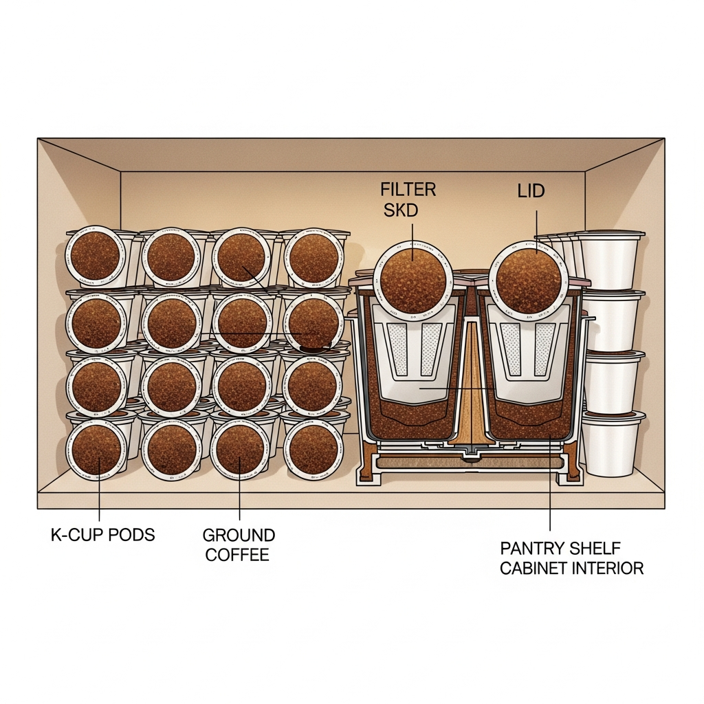 Bulk K-cup coffee pods stored neatly on a pantry shelf in a kitchen cabinet