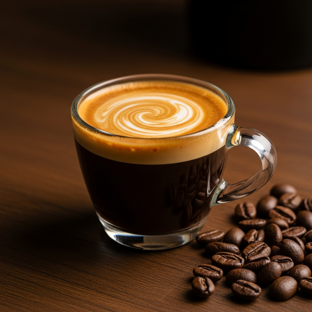 Double espresso shot pulled on Breville Oracle showing thick caramel crema swirl