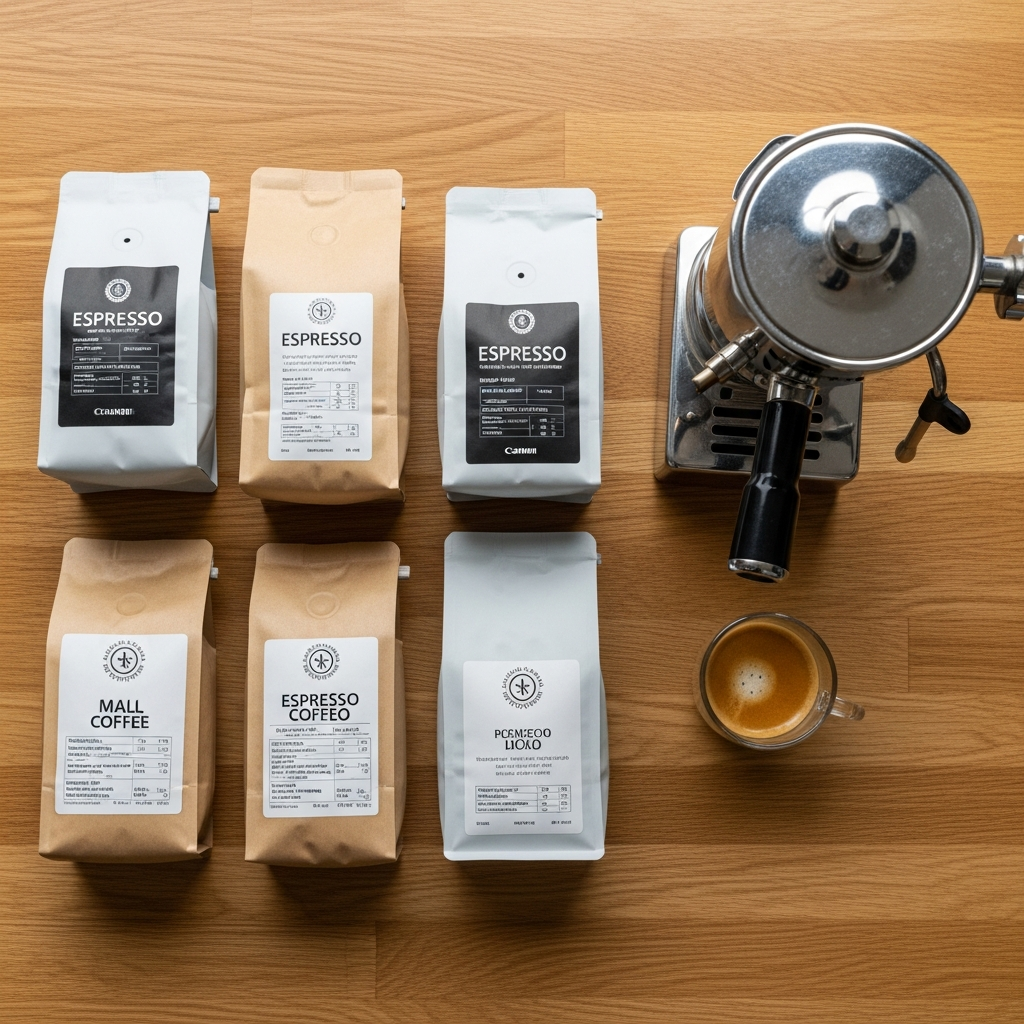 Five espresso bean bags tested on a Breville Bambino flatlay