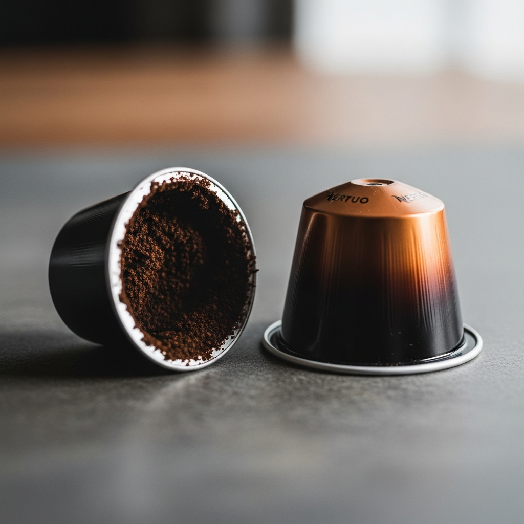 Opened Nespresso Vertuo capsule showing used coffee grounds for Vertuo not working troubleshooting