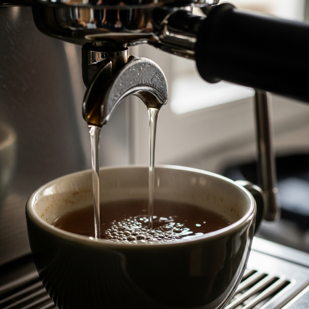 Descaling solution flowing through espresso machine showing dirty water during Breville descaling