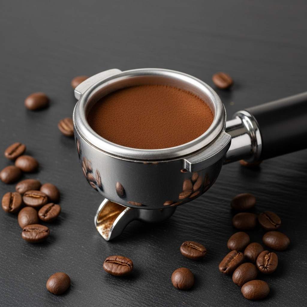 Breville Oracle 58mm portafilter with auto-tamped espresso puck on slate counter