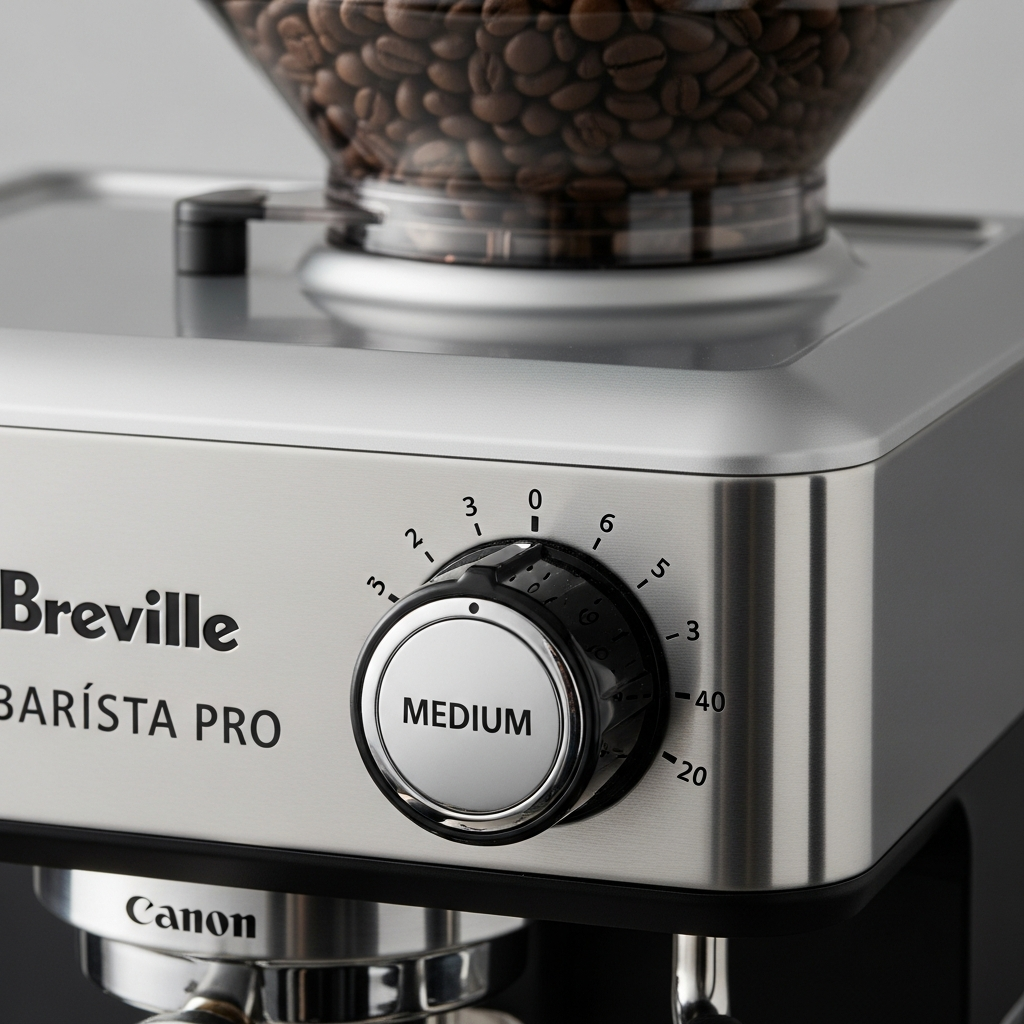 Breville Barista Pro 30-step grinder dial set to medium with whole beans in hopper