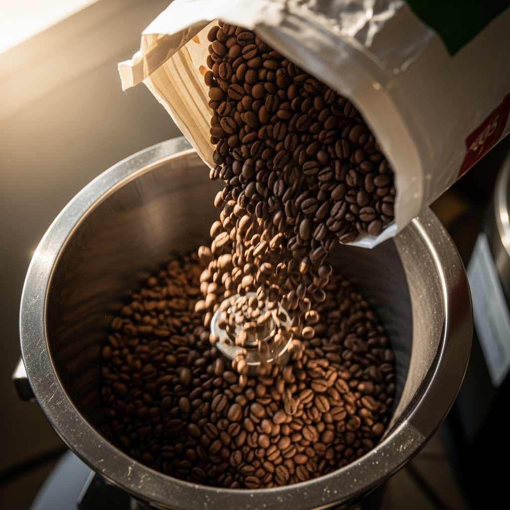 Coffee beans poured from bulk bag into grinder for Kirkland coffee review