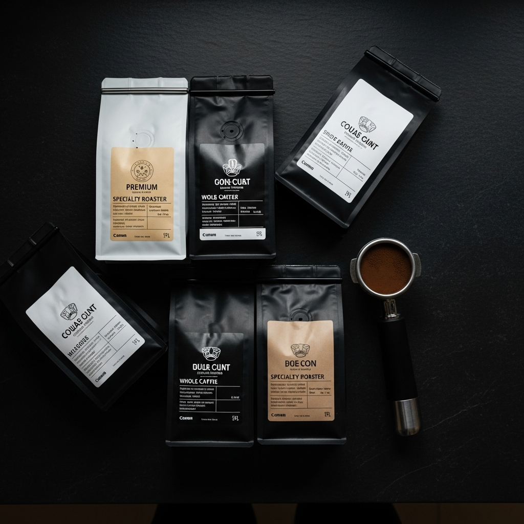 Five specialty espresso bean bags tested on a Breville Barista Pro flatlay