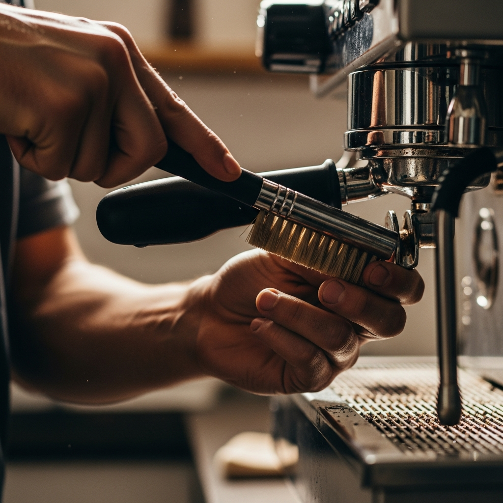 Cleaning espresso machine group head with a brush for Breville Barista Express troubleshooting