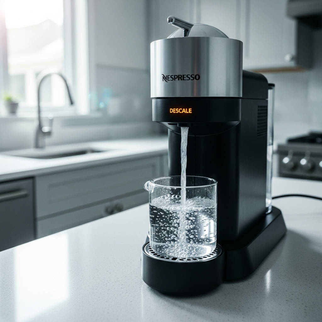 Nespresso descaling mode with water flowing for how to descale Nespresso guide