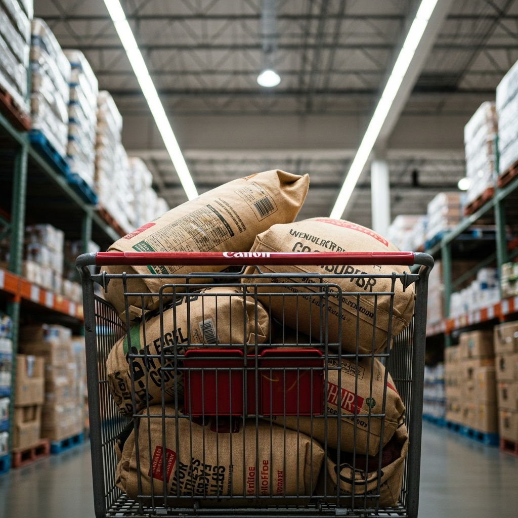 Shopping cart with coffee bags in warehouse store aisle for Costco coffee vs grocery store comparison