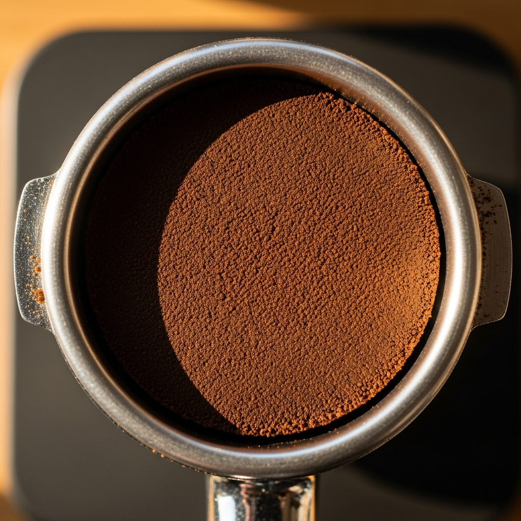 Tamped coffee puck in portafilter basket for Breville not pulling shots fix