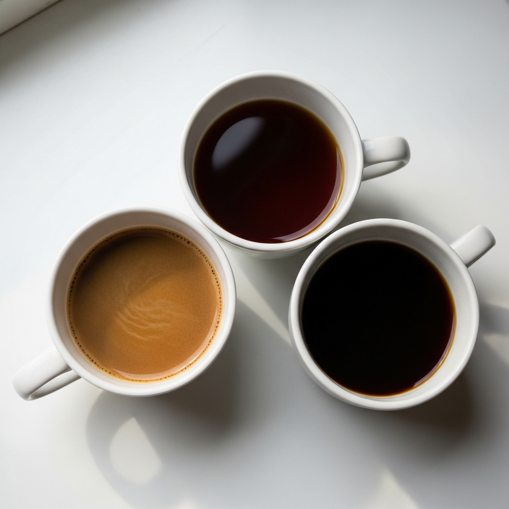 Three cups of coffee showing light to dark roast for Costco coffee brands ranking