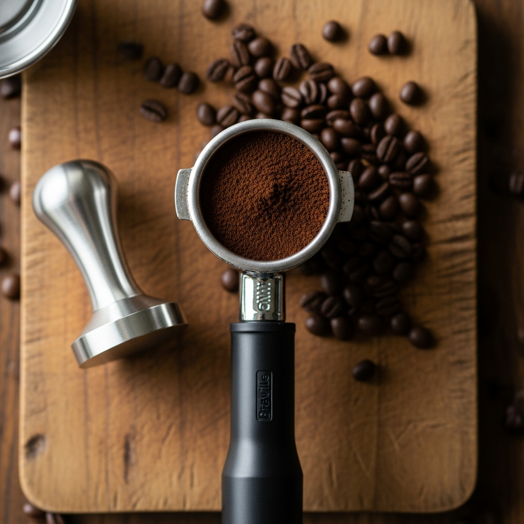 Breville Bambino 54mm portafilter dosed with espresso grounds beside tamper
