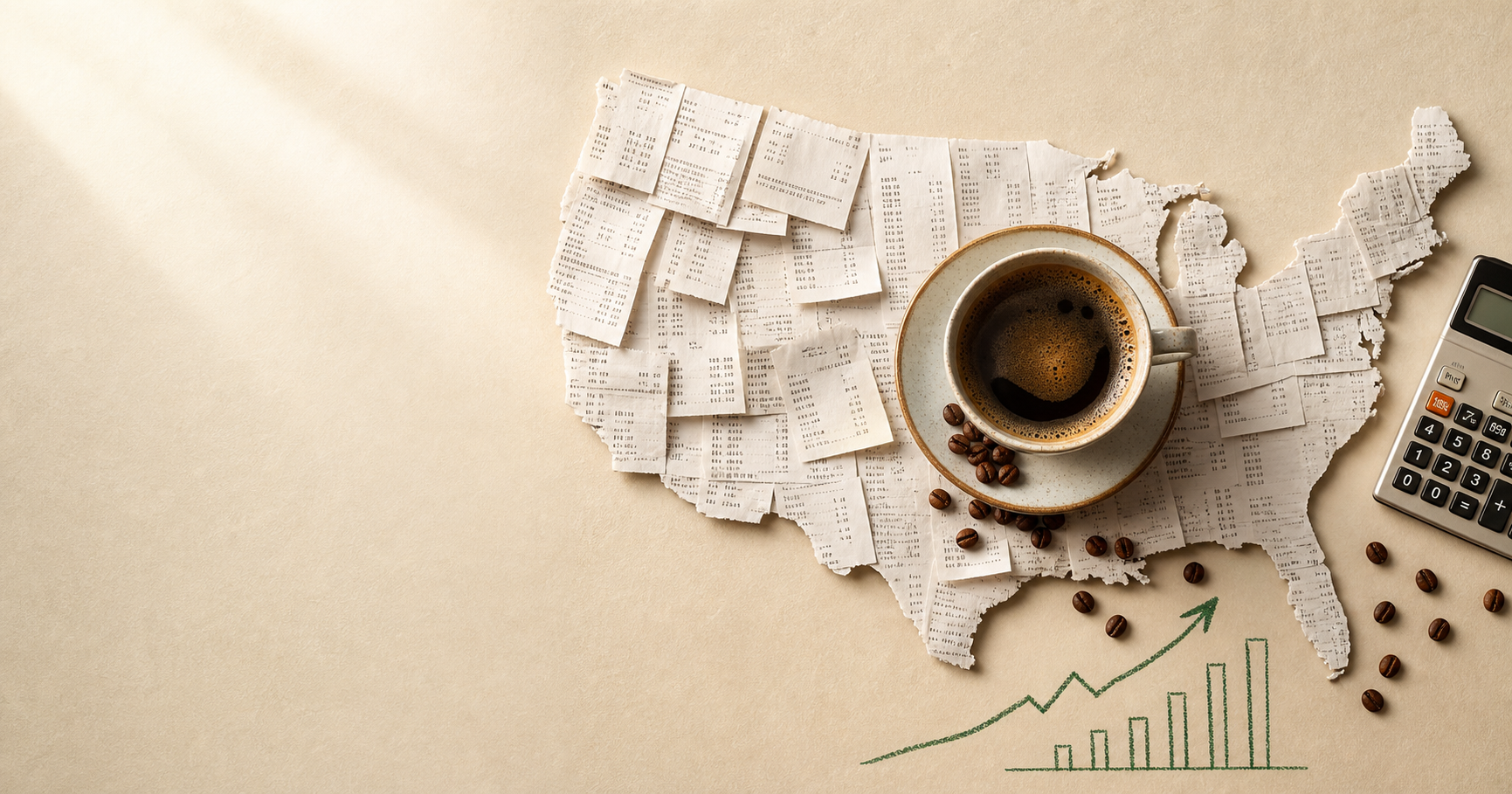 Coffee receipts arranged as a United States map with a coffee cup and rising price chart