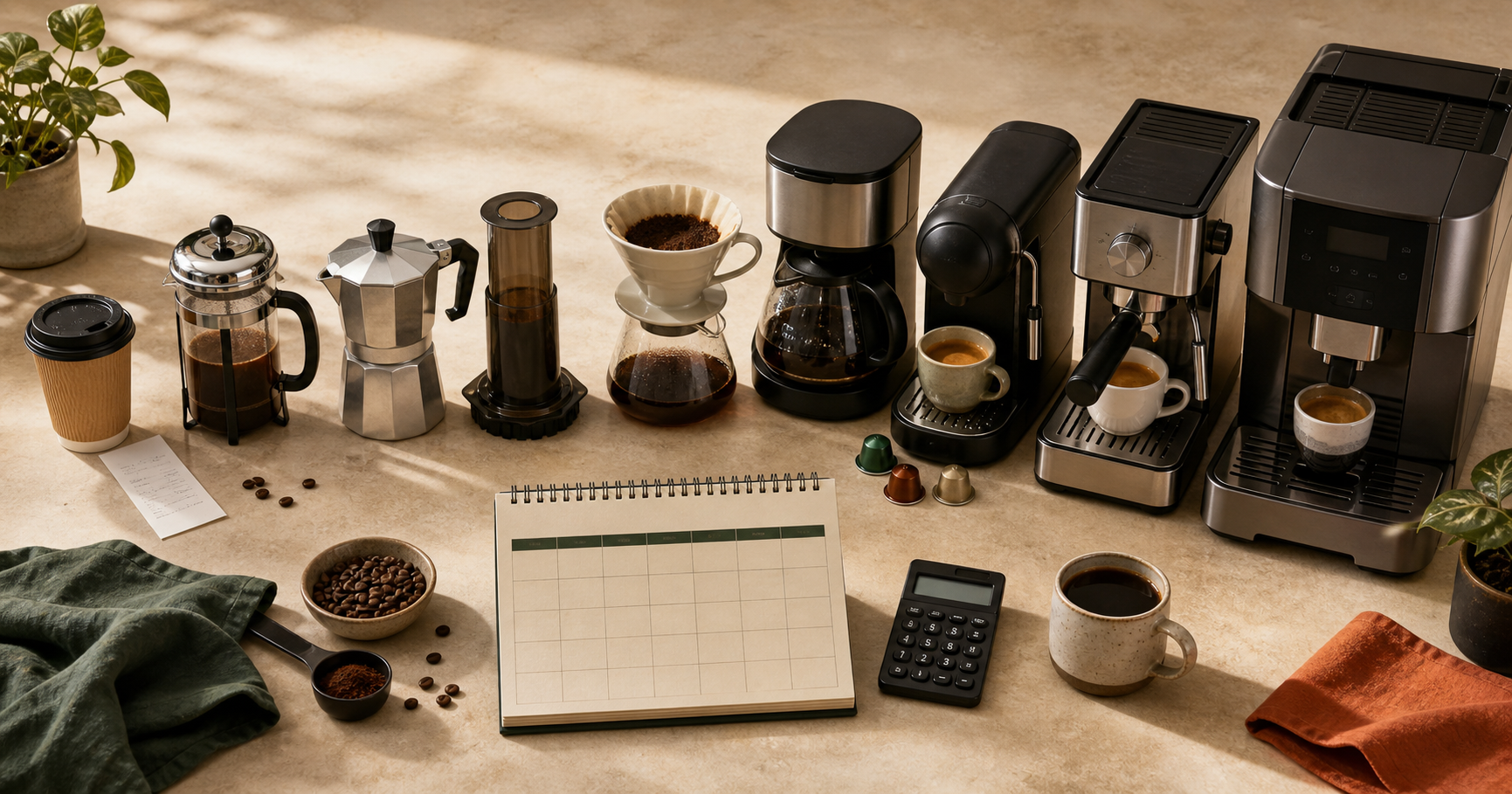 Nine coffee brewing methods arranged from café cup to super-automatic machine with a calculator and five-year planner