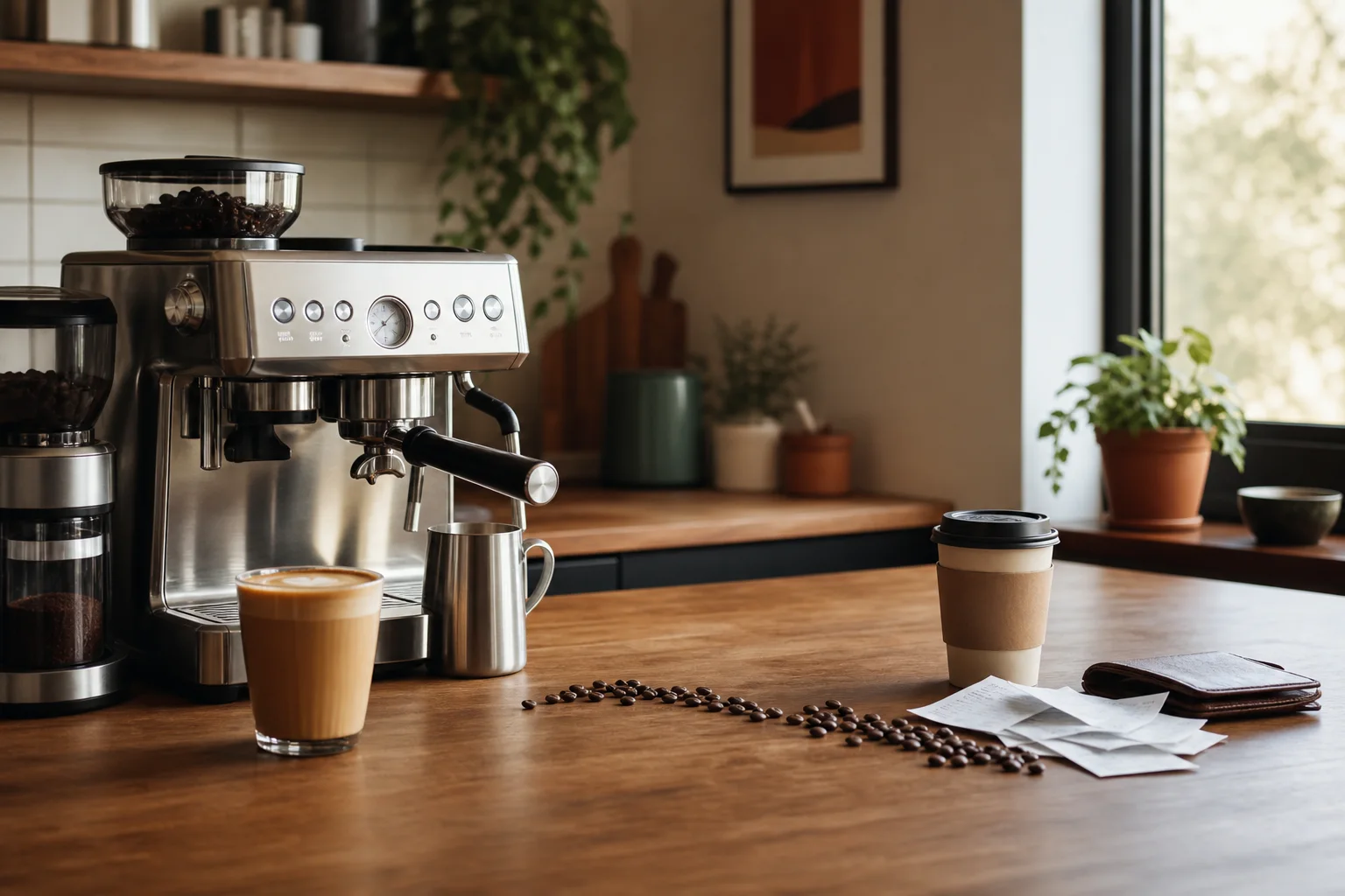 Home espresso setup compared with a takeaway cafe cup, receipts and wallet
