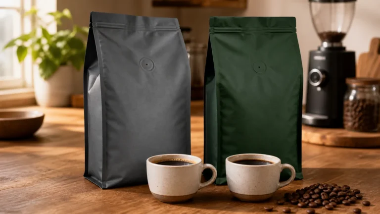 Two unbranded warehouse-size coffee bags with cups of brewed coffee