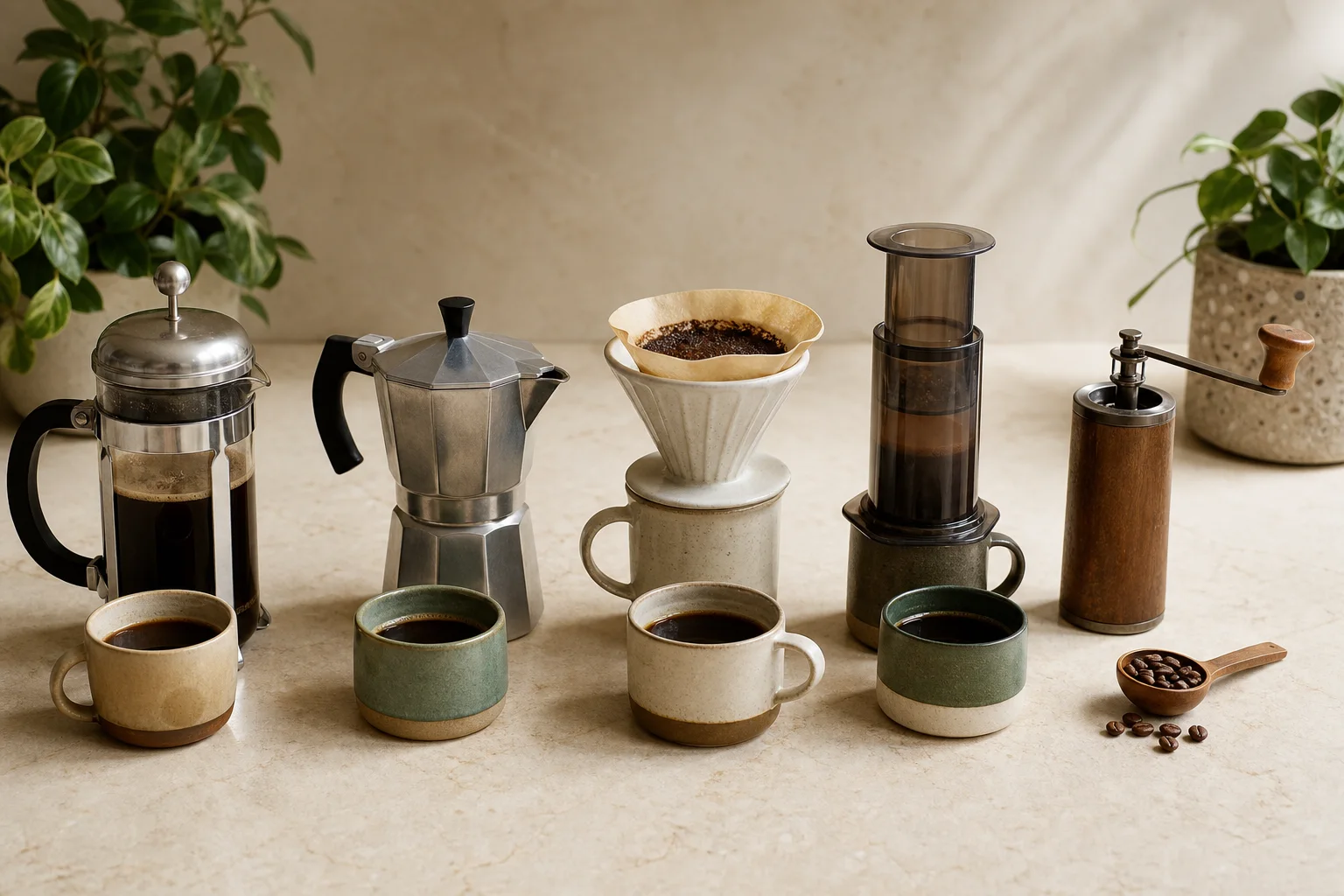 French press, Moka pot, pour-over and manual coffee brewers arranged on a kitchen counter