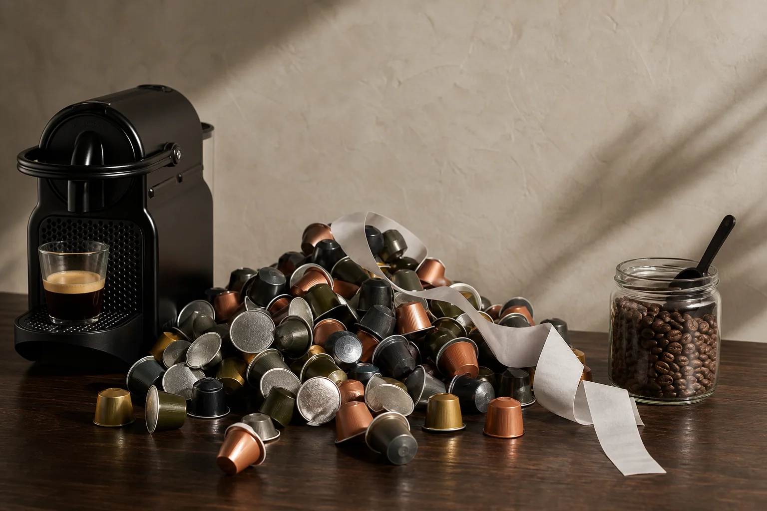 Pod coffee machine beside a large accumulation of used coffee capsules and a jar of whole beans
