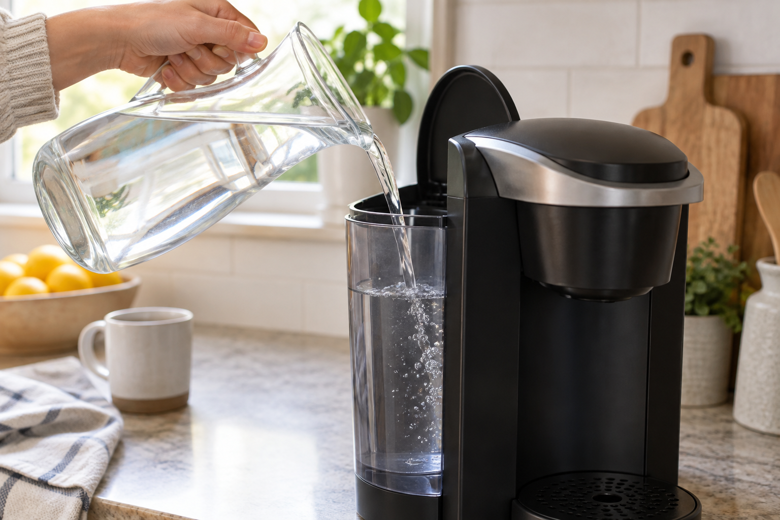 Fresh water being poured into a generic single-serve brewer reservoir; illustrative image, not exact K-Slim controls.