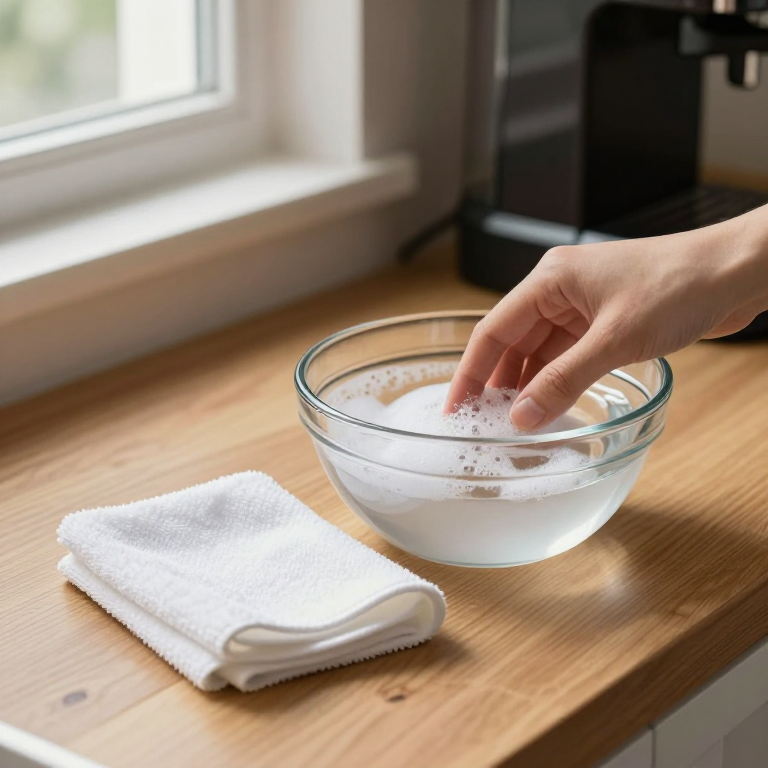Soft cloth and bowl of soapy water beside a generic coffee brewer; illustrative cleaning-supplies scene.