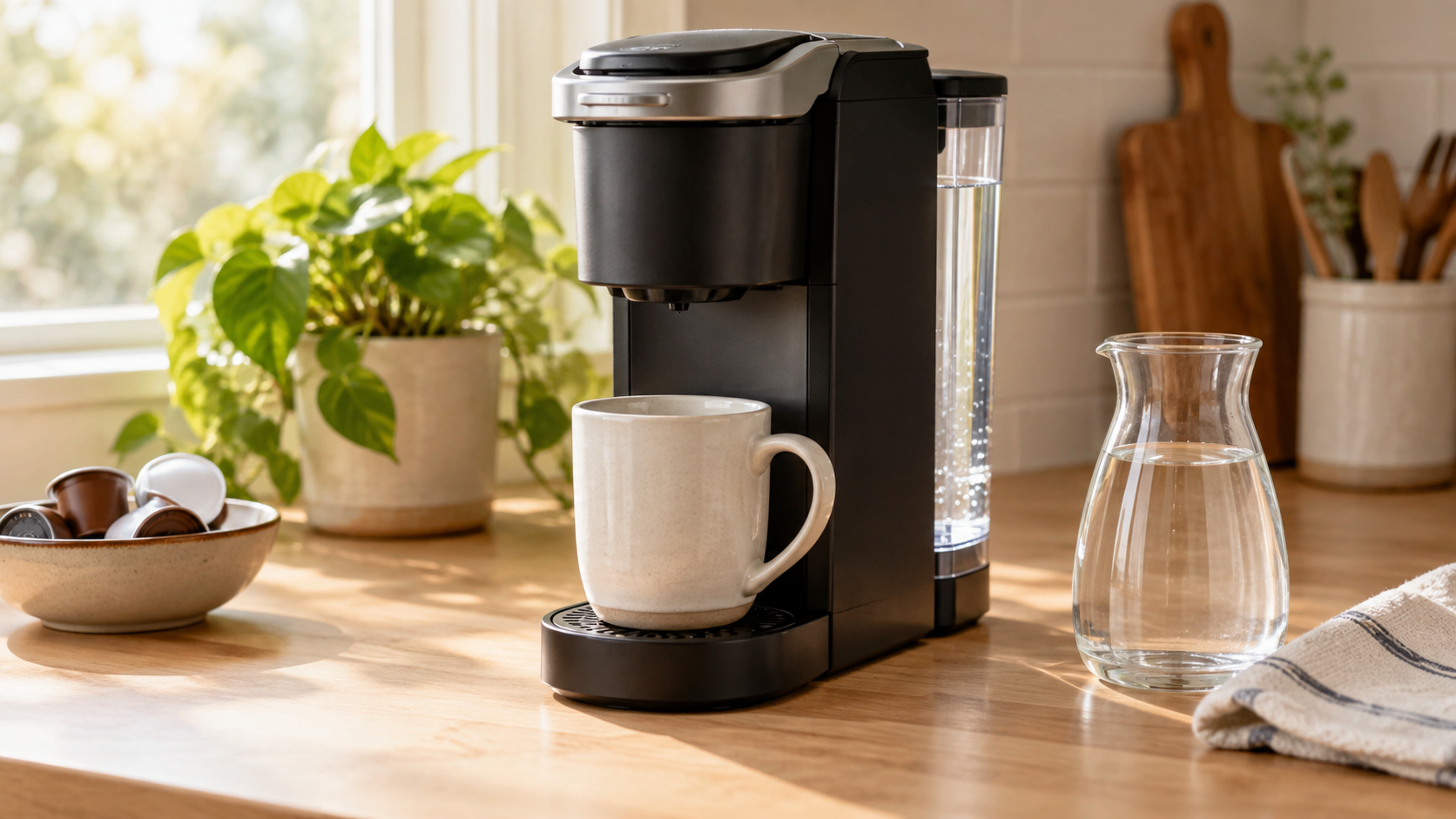 Generic slim single-serve coffee brewer in a warm kitchen; illustrative image, not a Keurig K-Slim product photo.