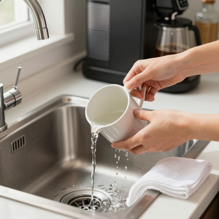 Hands pour clear water from a plain ceramic mug into a stainless steel kitchen sink.