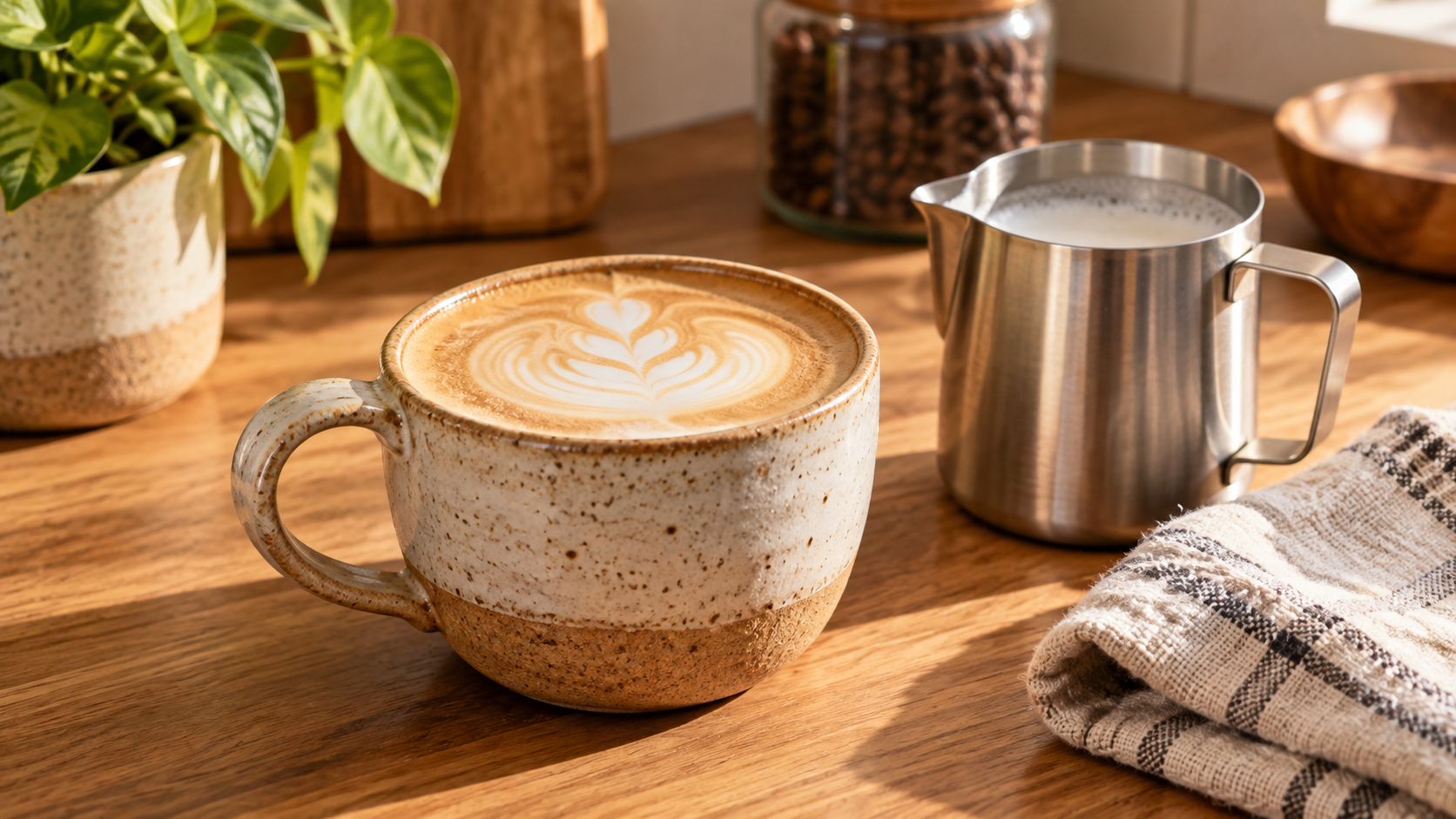 Latte and unbranded milk pitcher on a kitchen counter.