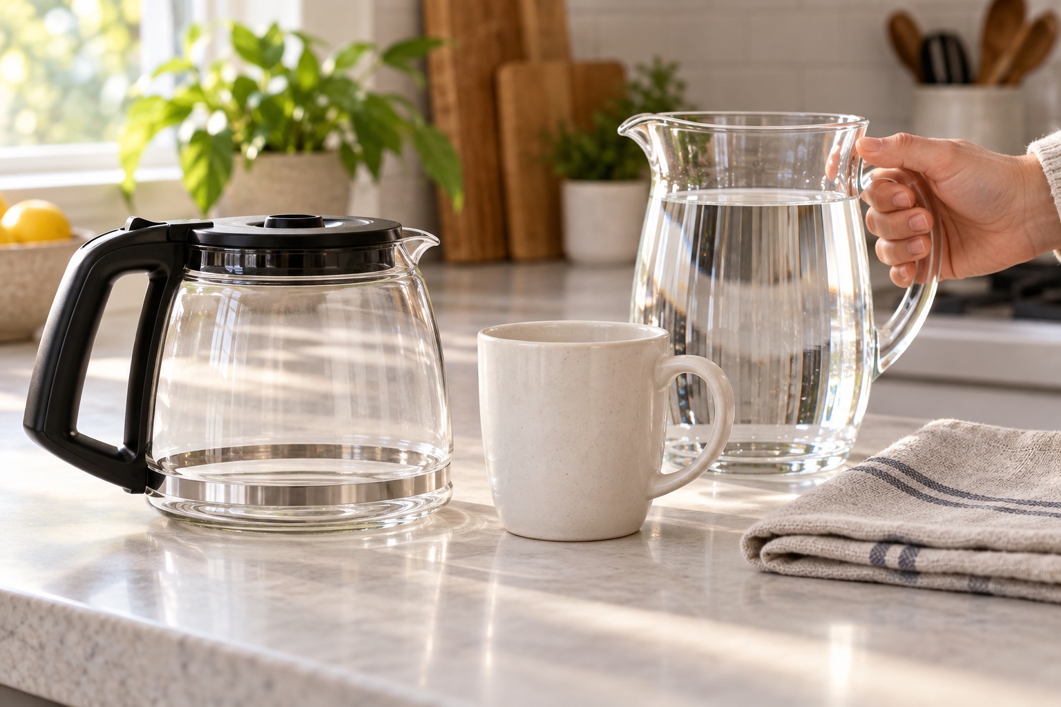 Generic mug, carafe and water on a countertop; not exact Keurig equipment.