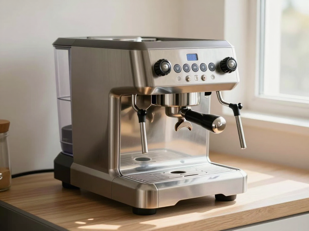 A stainless steel home espresso machine on a kitchen counter in natural daylight, ready for a descaling cycle.