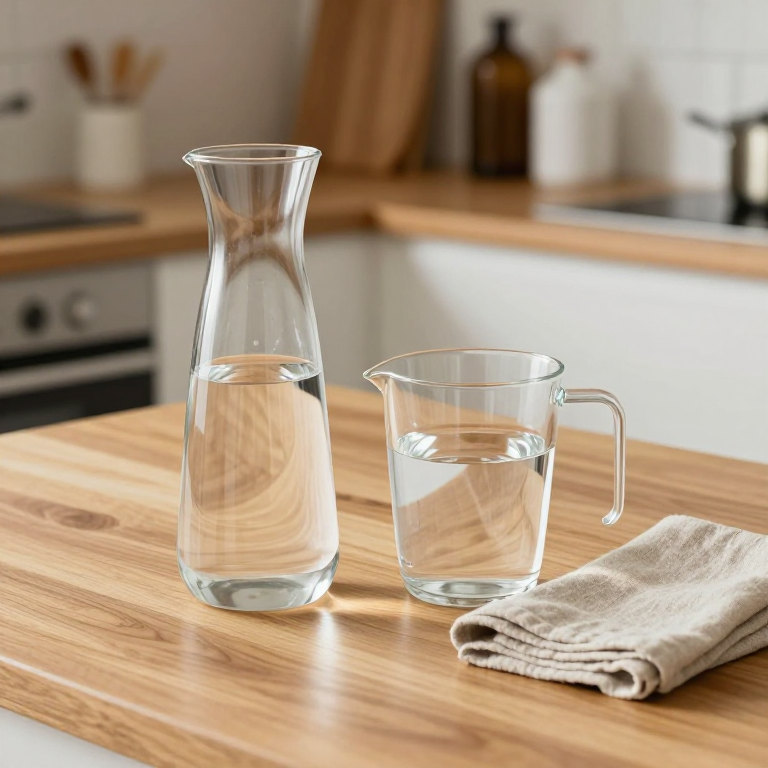 Fresh water in a carafe and jug on a kitchen counter.