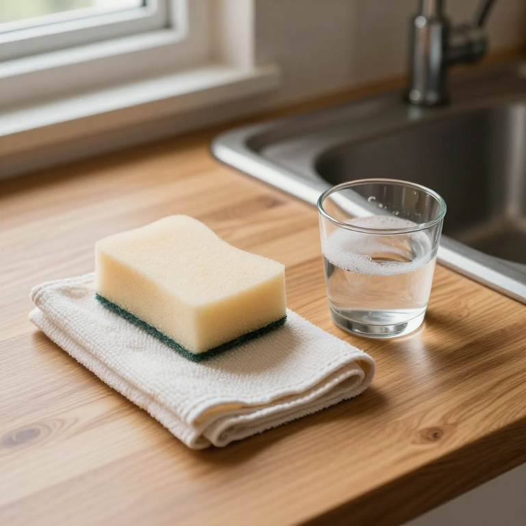 A sponge, soft cloth and a glass of water beside a kitchen sink.