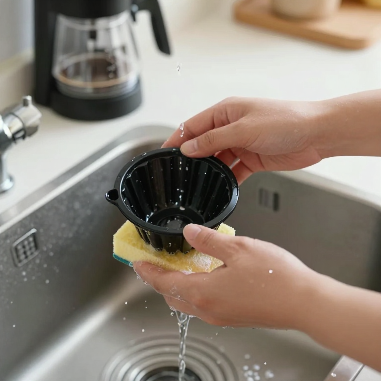 Hands washing a removable black drip-coffee filter basket with a sponge in a kitchen sink.