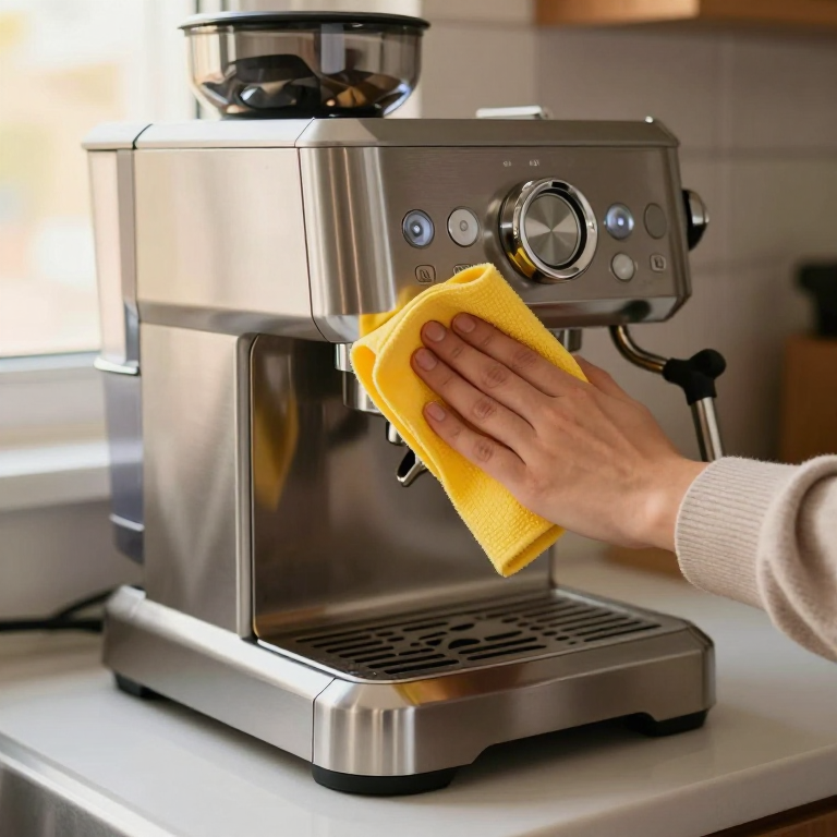 A hand wiping down a stainless steel espresso machine with a yellow cloth after a descaling cycle.