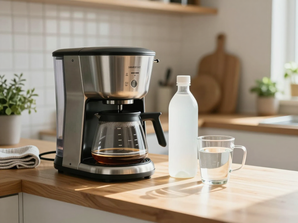 A generic drip coffee maker, plain vinegar bottle and water on a sunny kitchen counter.